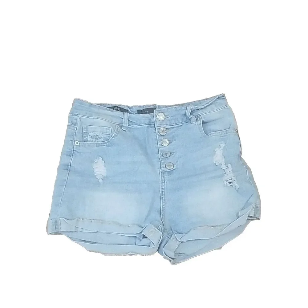 Love Tree High Rise Button Fly Denim Shorts 6 Light Wash Distressed Cutoff Summe